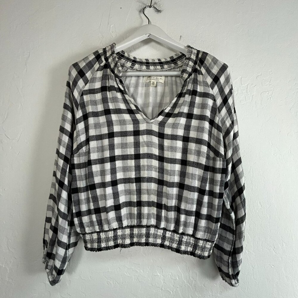 Cloth & Stone Women's Sara Plaid Long Sleeve V-Neck Blouse Black/White Small
